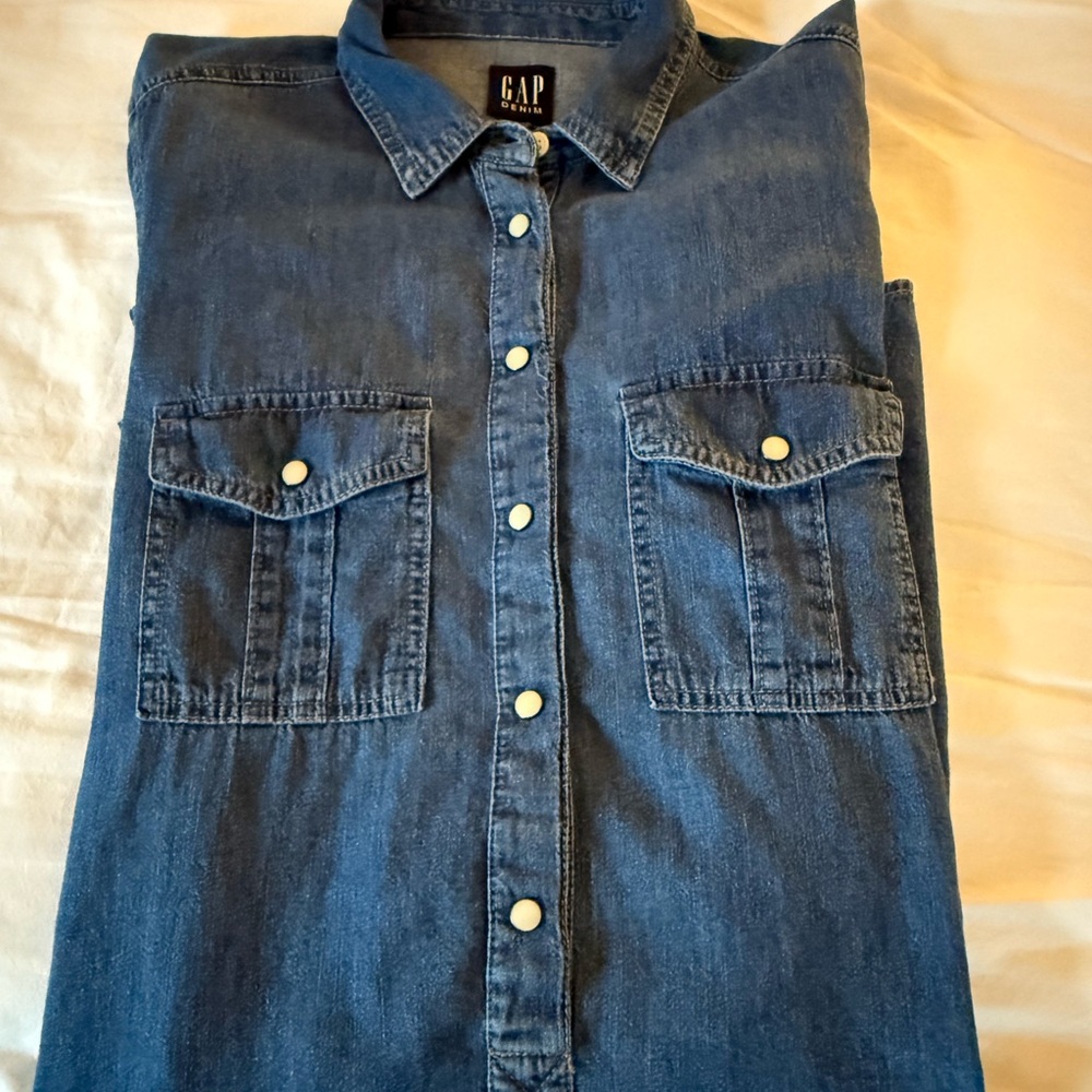 GAP Denim Pearl Button-Up Shirt Dress